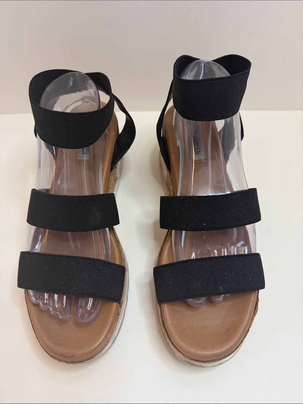 Steve Madden Black Elastic Strap Cork Wedge Sandal Sz 10 Platform Comfort Summer